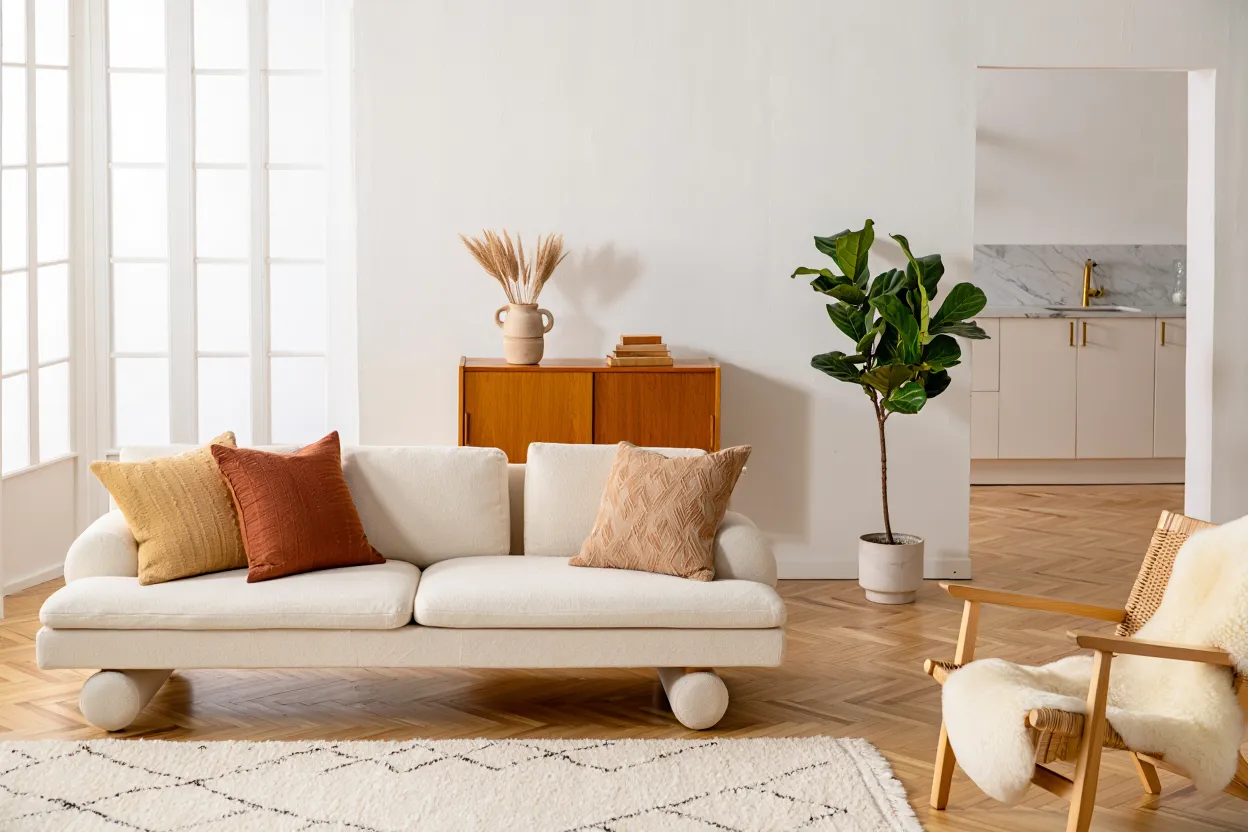 Stue design med moderne møbler og naturlige materialer